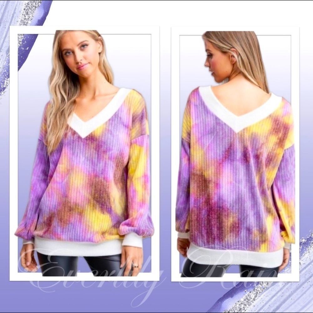 NWT! BOUTIQUE LAVENDER & YELLOW TIE DYE V-NECK SWEATER TOP-SIZE LARGE